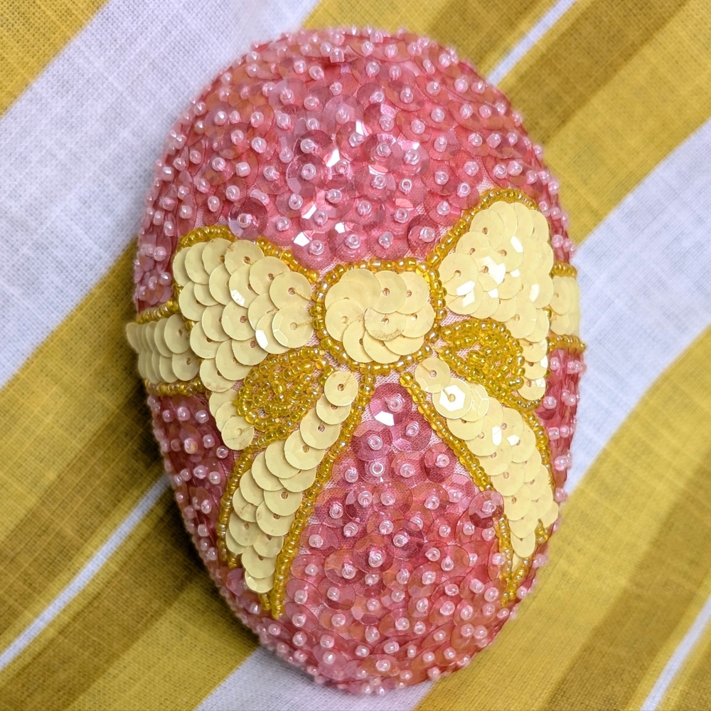Vintage GAC 1960's Trinket Beaded Sequins Pink & Yellow Bow Coquette Easter Egg